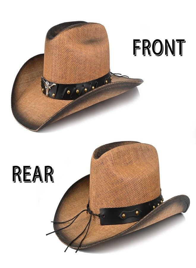 Foeran Retro Cowgirl Hats Western Straw hat,Mens Womens Cowboy Hat with Metal Texture,Bull Head Badge Hats (US, Alpha, Medium, Large, Brown) - Image 3
